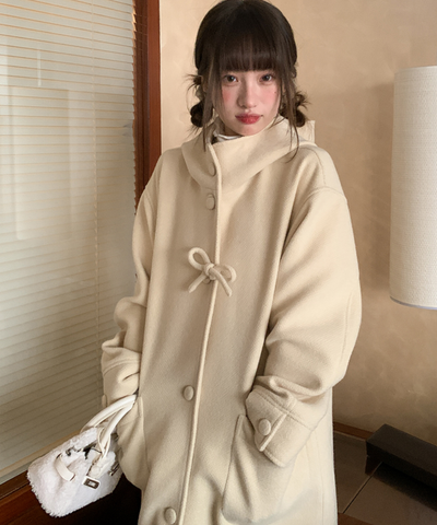 フード付きくるみボタンリボンデザインロングコート