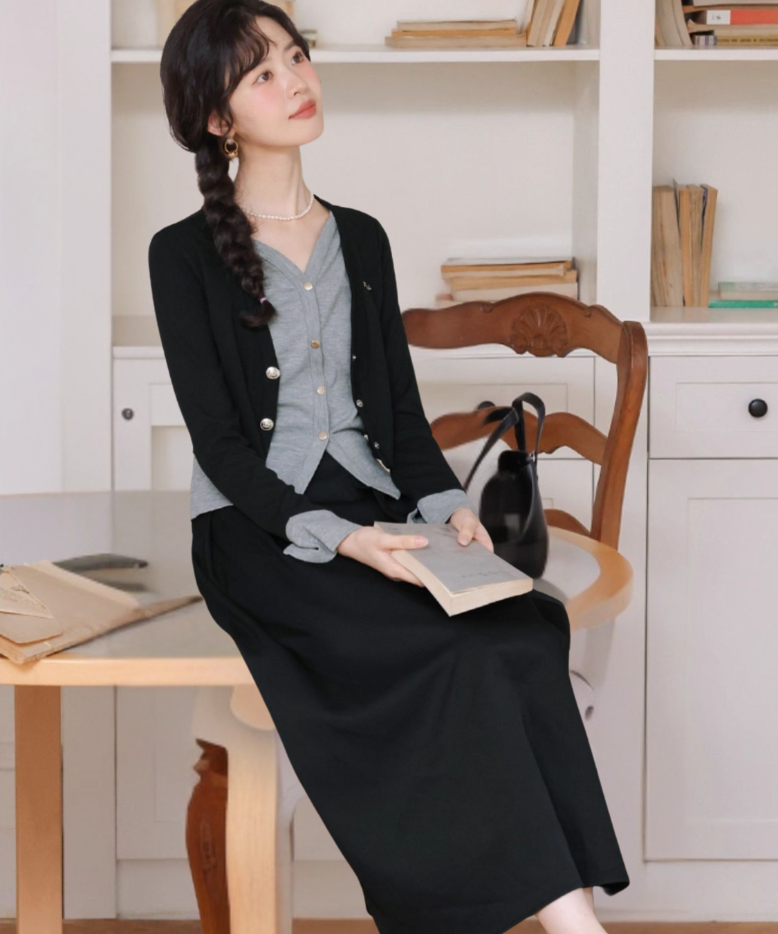 カーディガン風ドッキングトップス＋タックフレアスカート 2点セット