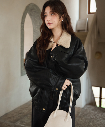 ボア襟フェイクレザーブルゾン