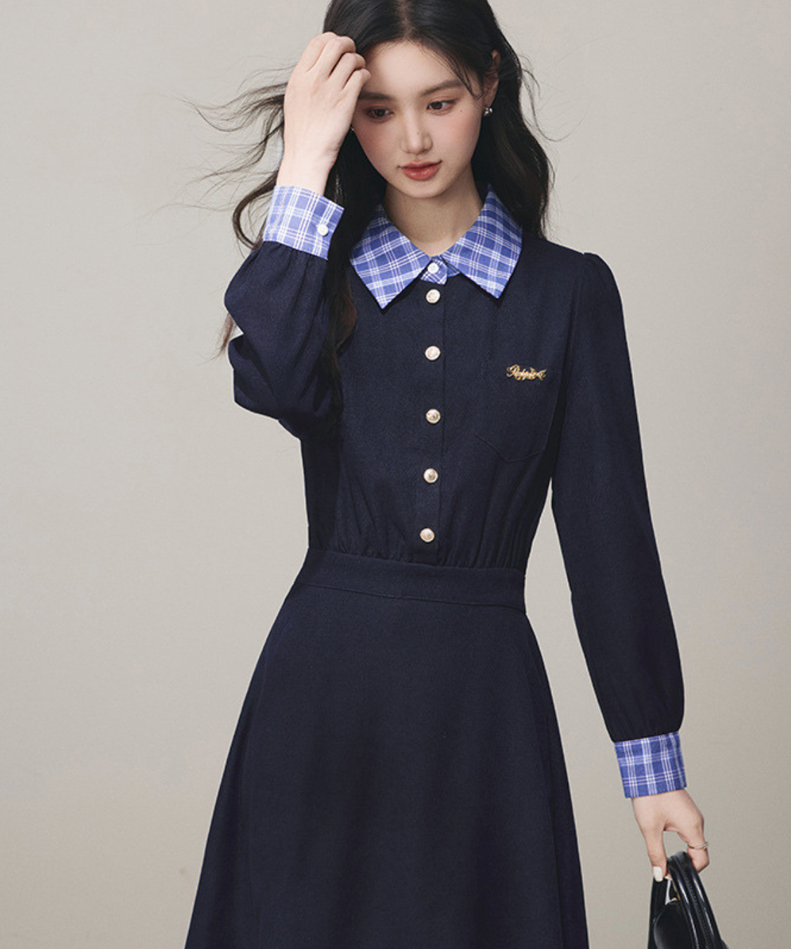 チェックシャツカラーカフス長袖フレアワンピース