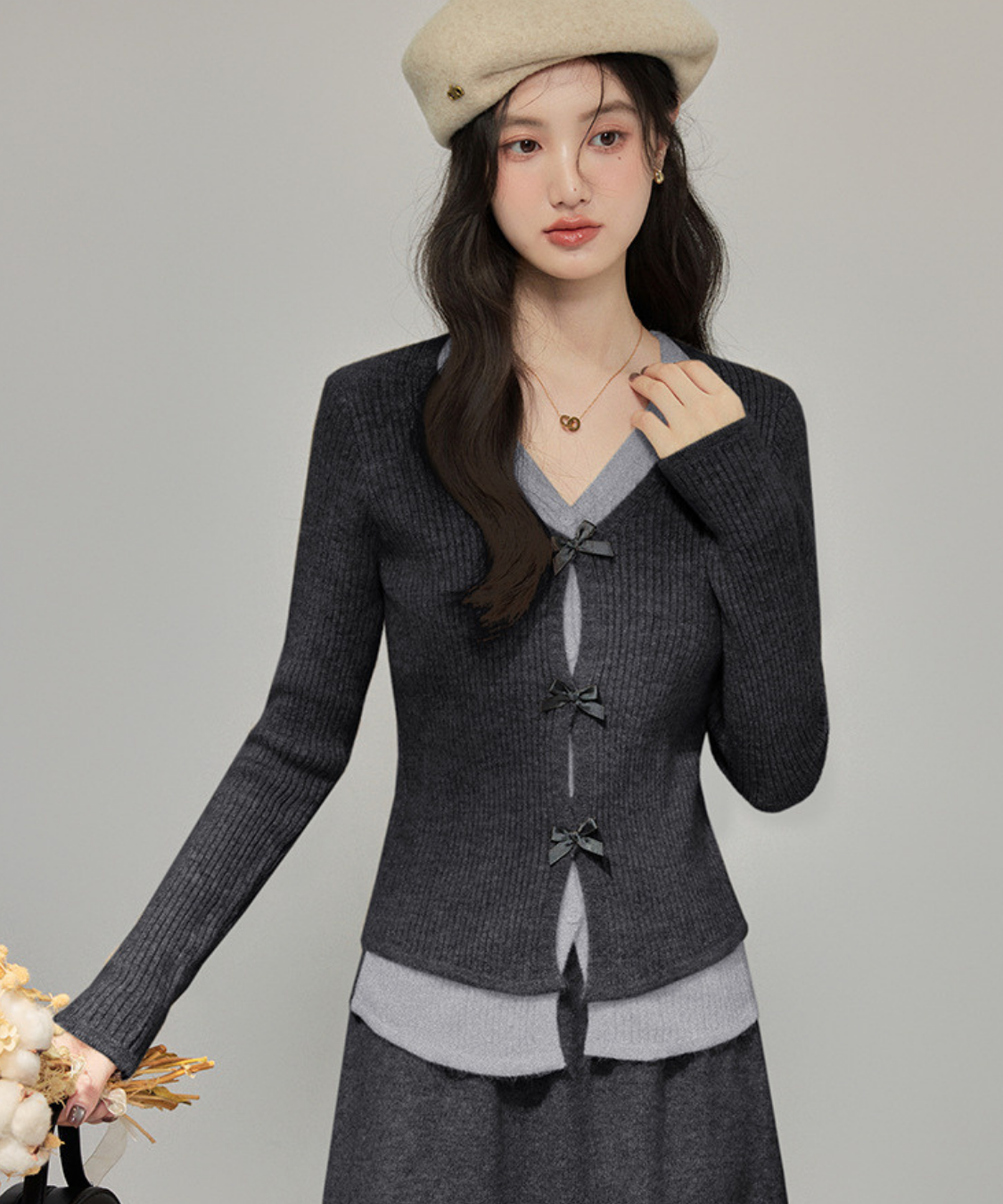 フロントリボンリブカーデ＋ロングニットスカート 2点セット