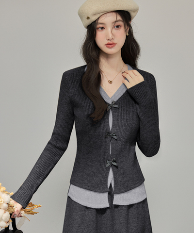 フロントリボンリブカーデ＋ロングニットスカート 2点セット