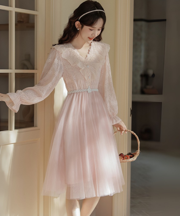 薄紫色 長袖シャツ レースワンピース フリル ラッフルフリルレース花柄ワンピース | axes femme online shop