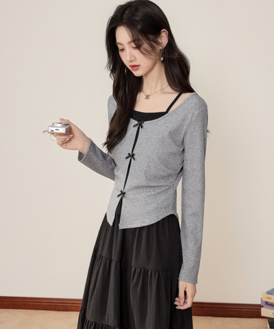 リボンフェイクレイヤードトップス＋ティアードフリルスカート 2点セット