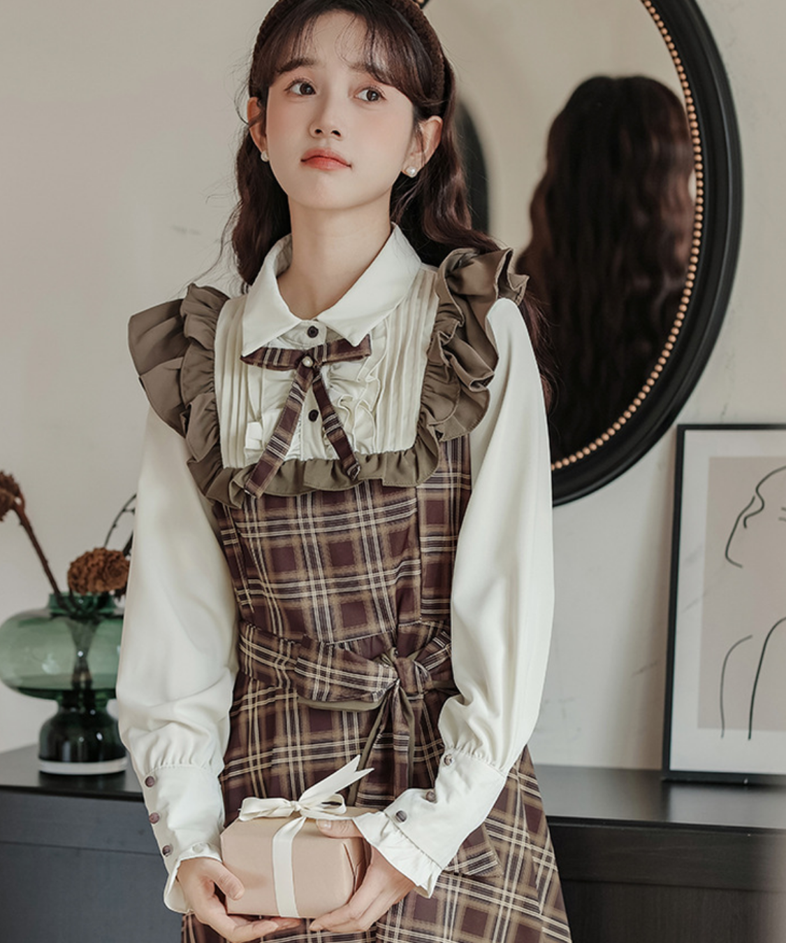 ピンタックブラウスドッキングチェック柄ワンピース