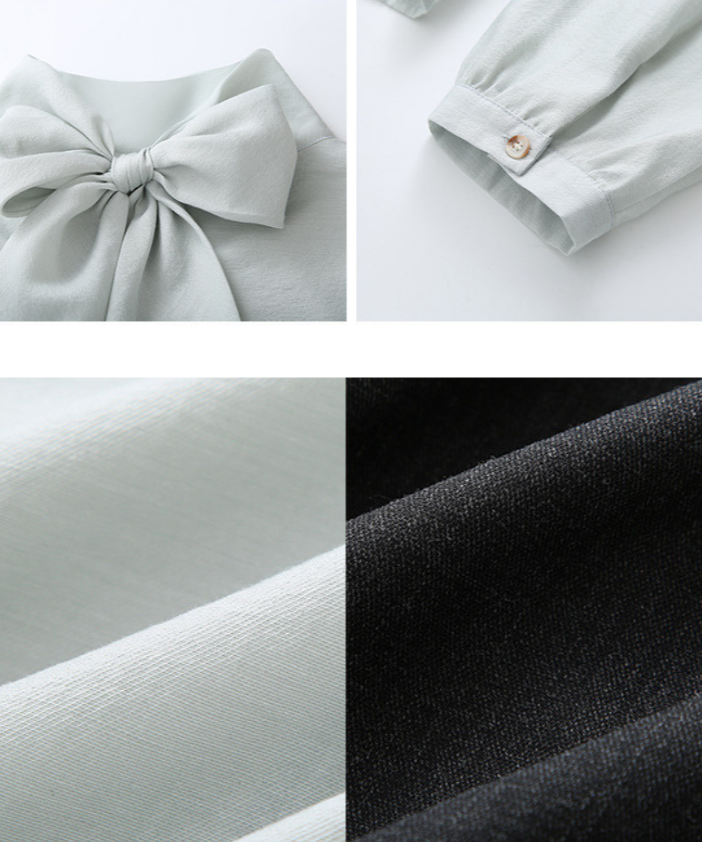 バックリボンブラウス＋無地ノースリーブベスト＋フレアタックスカート 3点セット