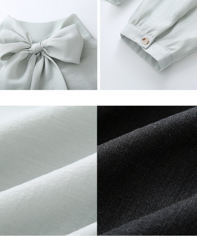 バックリボンブラウス＋無地ノースリーブベスト＋フレアタックスカート 3点セット