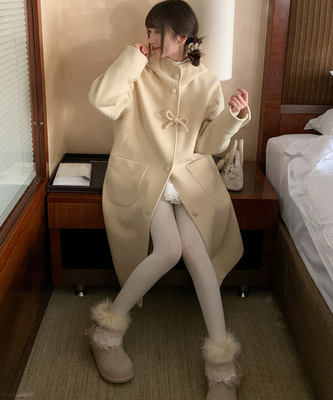 フード付きくるみボタンリボンデザインロングコート – jemiremi