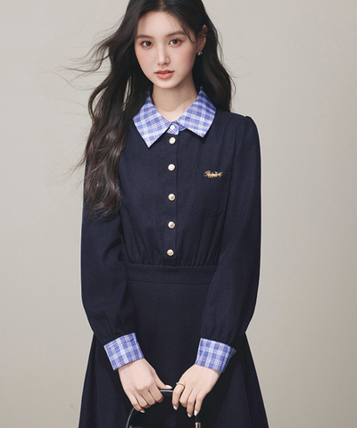 チェックシャツカラーカフス長袖フレアワンピース