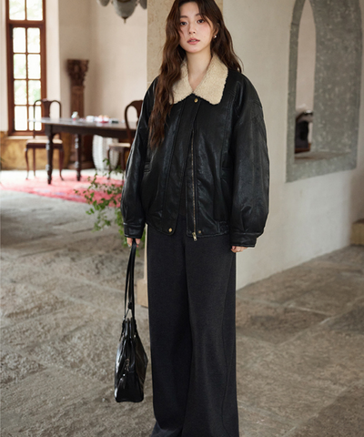 ボア襟フェイクレザーブルゾン