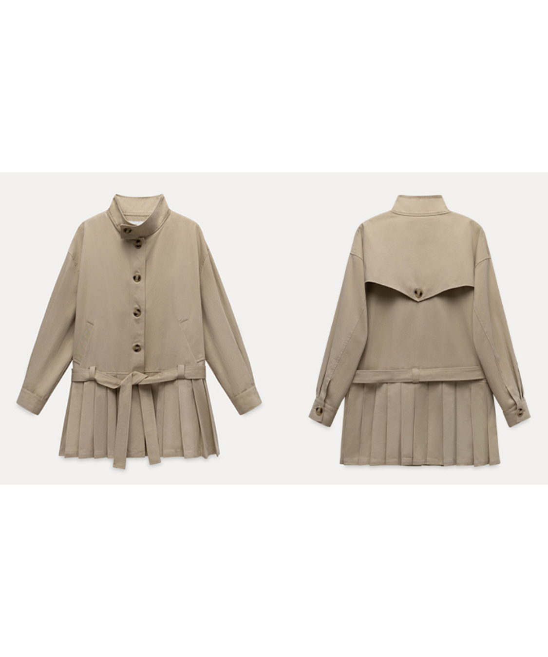 スタンドカラープリーツ切替ウエストリボンコート