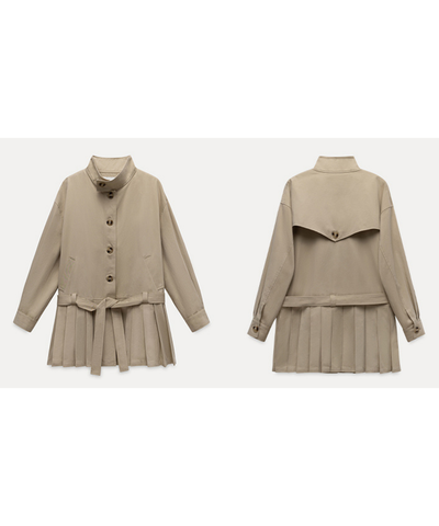 スタンドカラープリーツ切替ウエストリボンコート