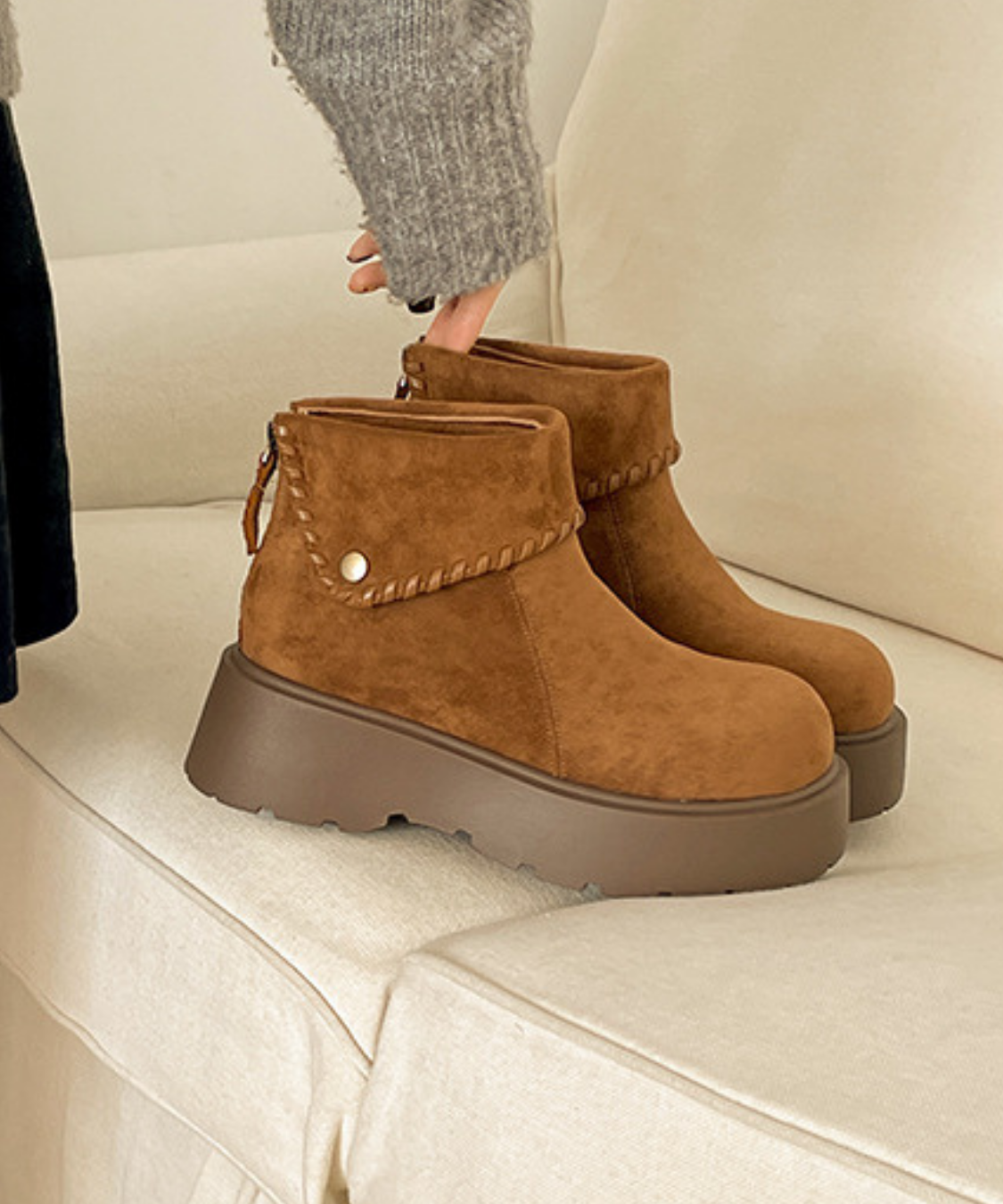 スエード調折り返し厚底ショートブーツ