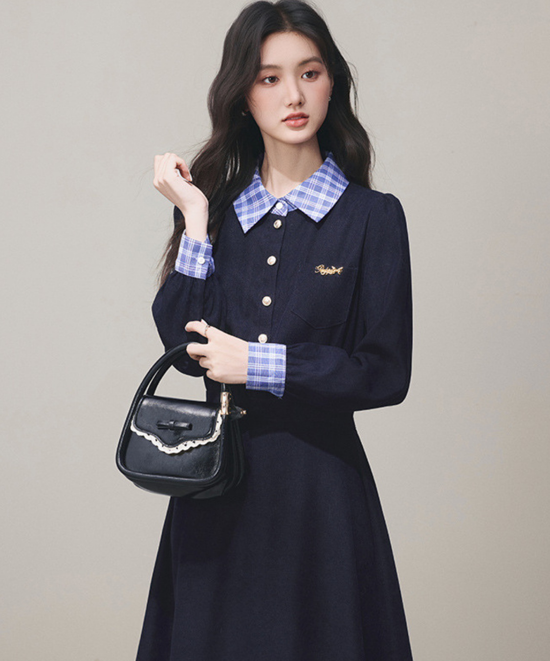 チェックシャツカラーカフス長袖フレアワンピース