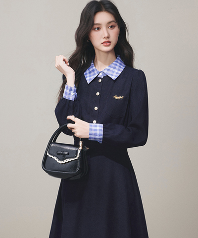 チェックシャツカラーカフス長袖フレアワンピース