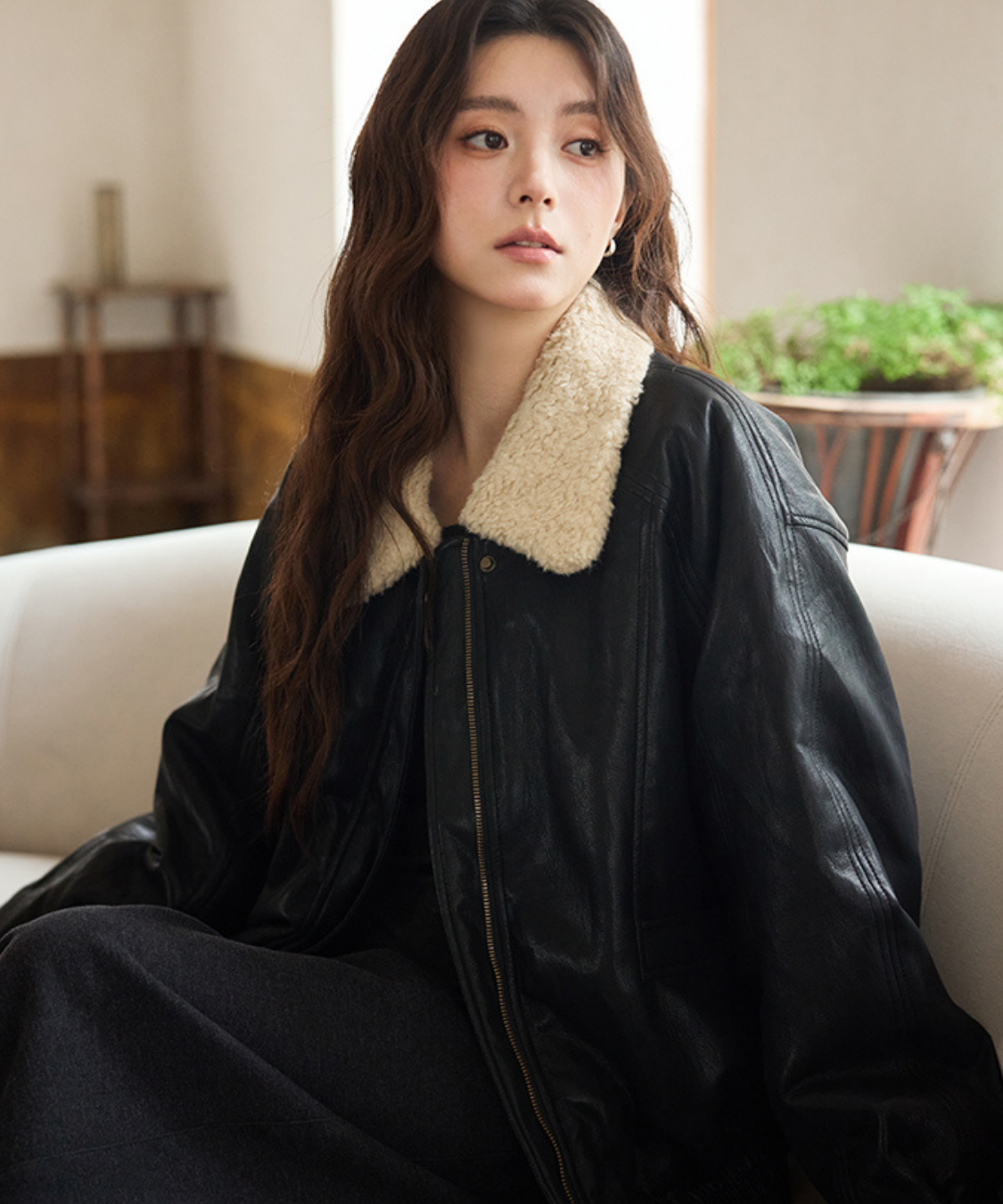 ボア襟フェイクレザーブルゾン
