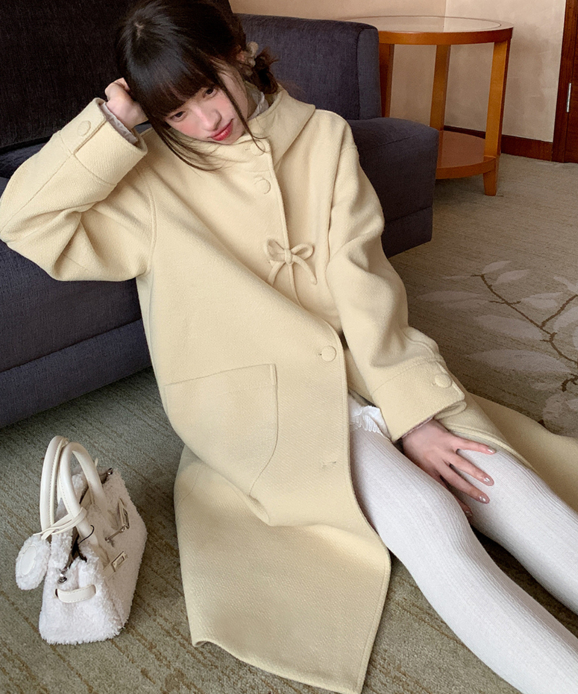 フード付きくるみボタンリボンデザインロングコート