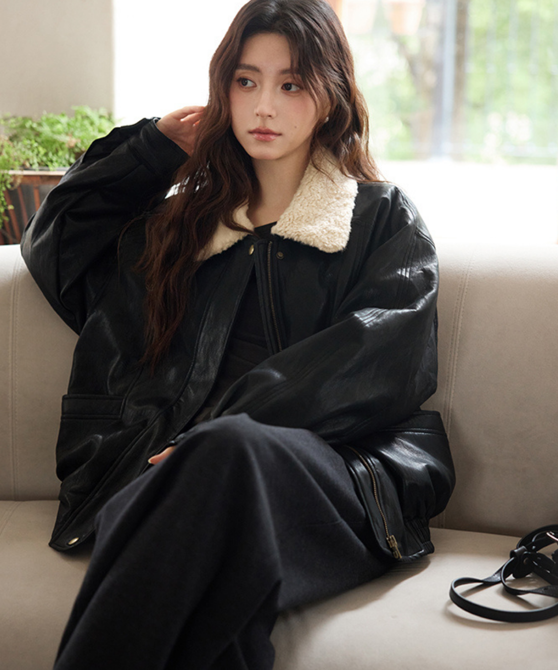 ボア襟フェイクレザーブルゾン