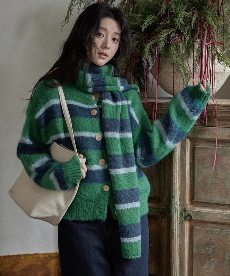マフラー付きワイドボーダーニットカーディガン – jemiremi（ジェミレミ）
