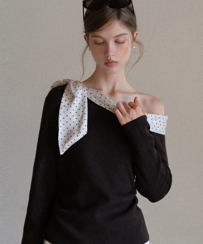 ドット柄ワンショルダーリボン付きトップス