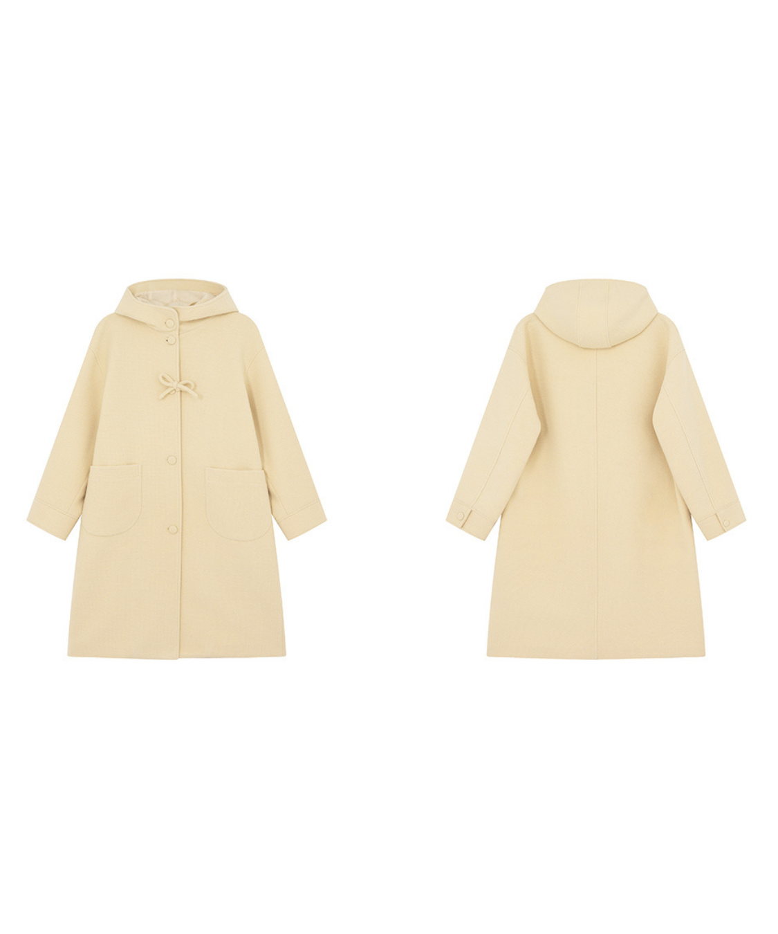 フード付きくるみボタンリボンデザインロングコート