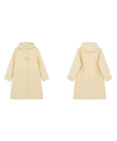 フード付きくるみボタンリボンデザインロングコート