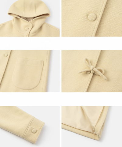 フード付きくるみボタンリボンデザインロングコート