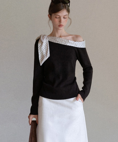 ドット柄ワンショルダーリボン付きトップス