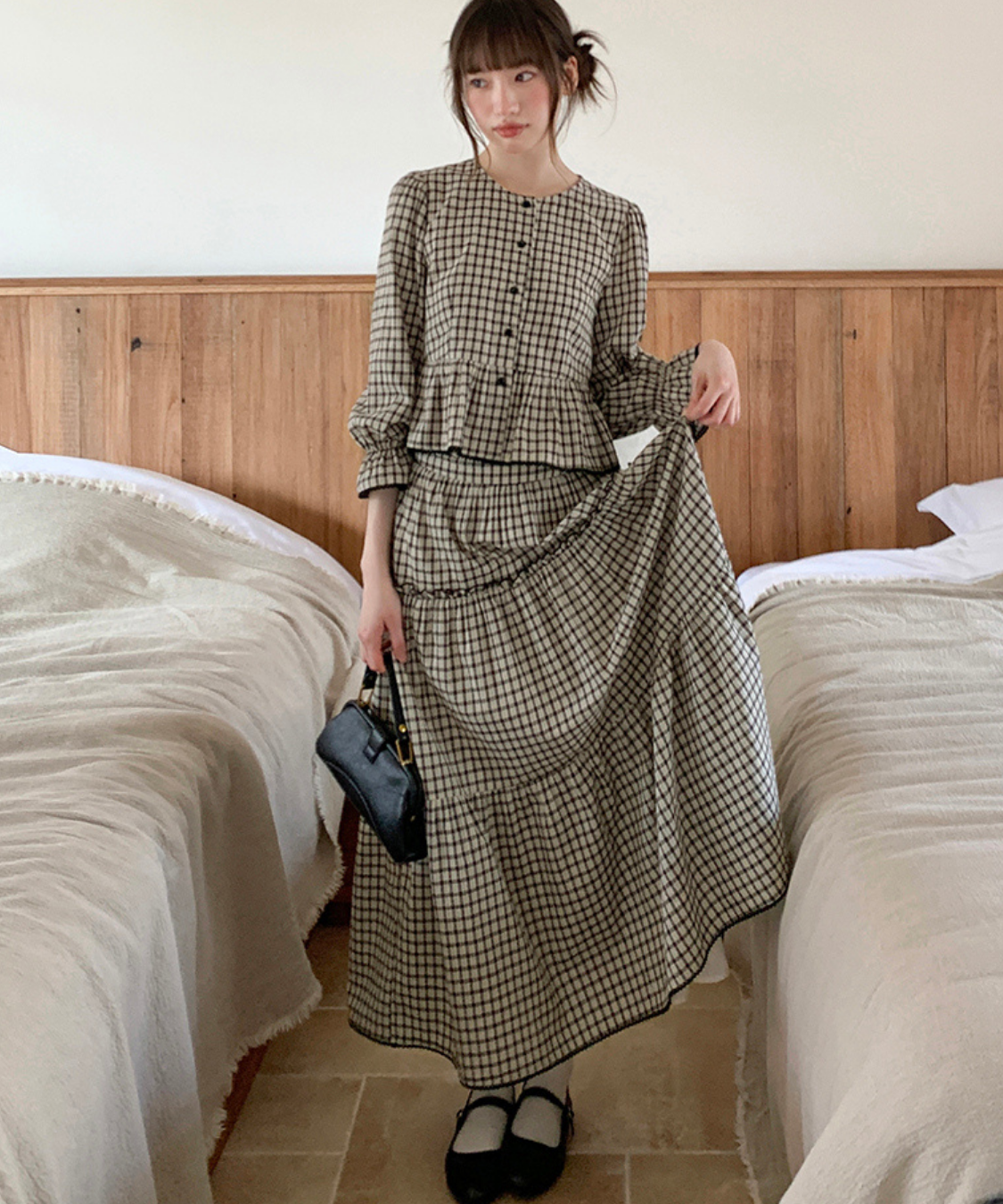 チェック柄ペプラムブラウス＋ティアードスカート 2点セット