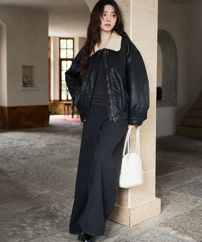 ボア襟フェイクレザーブルゾン