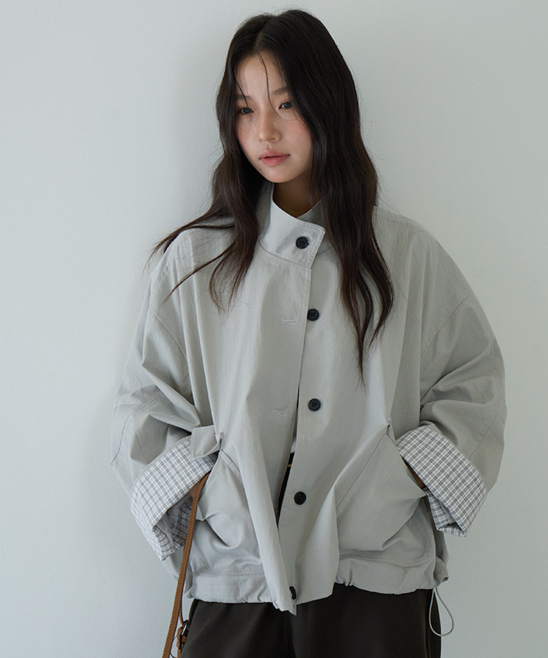 スタンドカラーカフスチェック柄ドローストリングジャケット