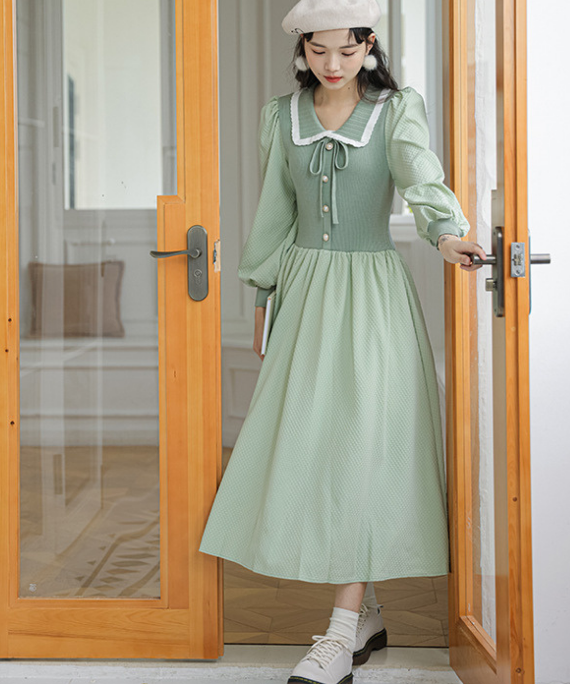 配色リブカラーバルーンスリーブフレアワンピース