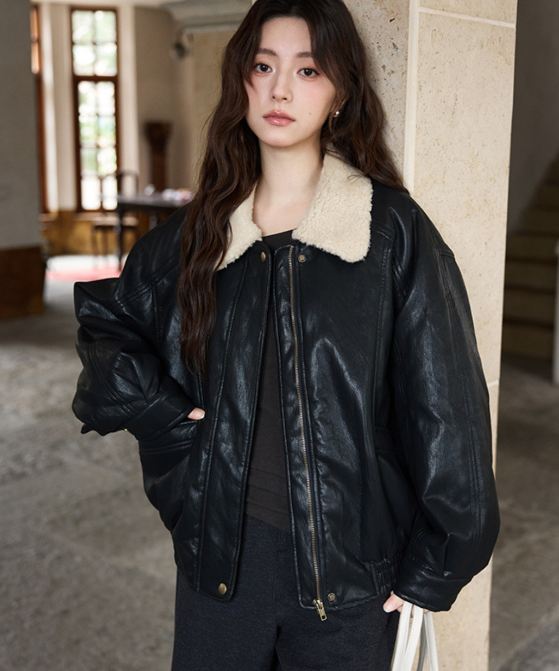ボア襟フェイクレザーブルゾン