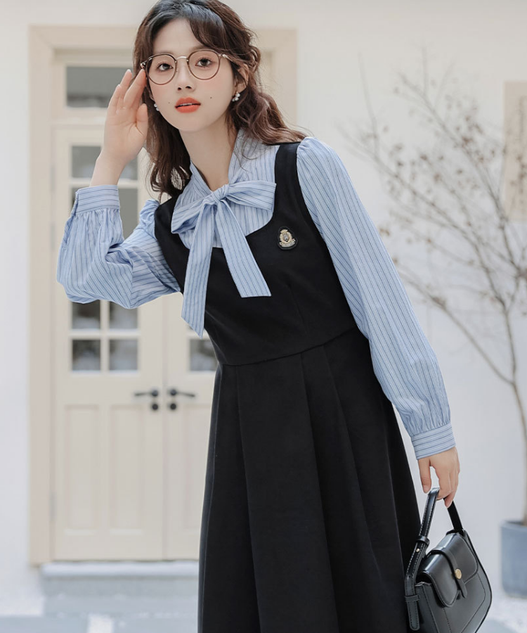 ストライプボウタイシャツドッキングワンピース – jemiremi（ジェミレミ）