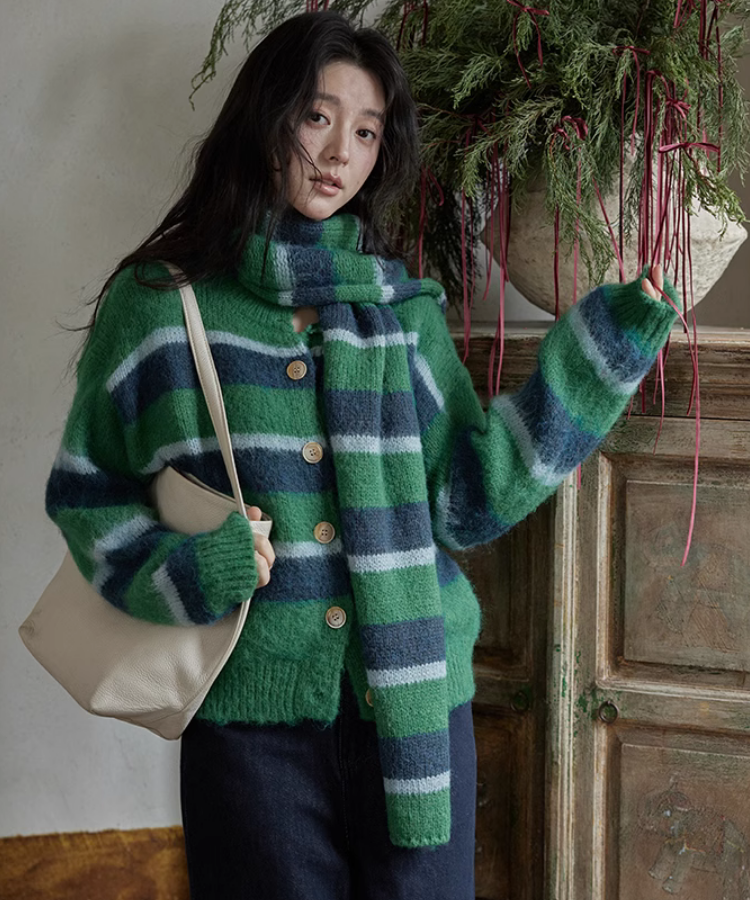 マフラー付きワイドボーダーニットカーディガン – jemiremi（ジェミレミ）