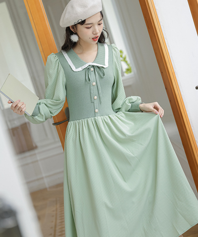 配色リブカラーバルーンスリーブフレアワンピース