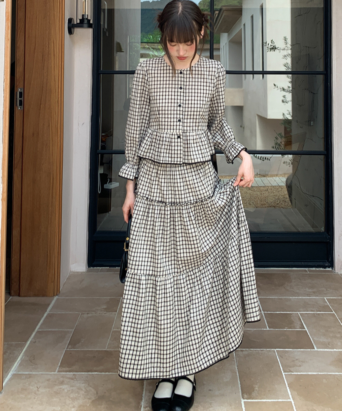 チェック柄ペプラムブラウス＋ティアードスカート 2点セット