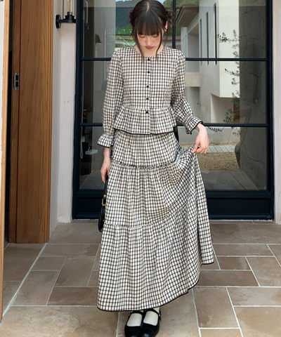 チェック柄ペプラムブラウス＋ティアードスカート 2点セット