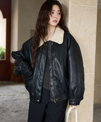 ボア襟フェイクレザーブルゾン