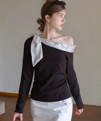 ドット柄ワンショルダーリボン付きトップス