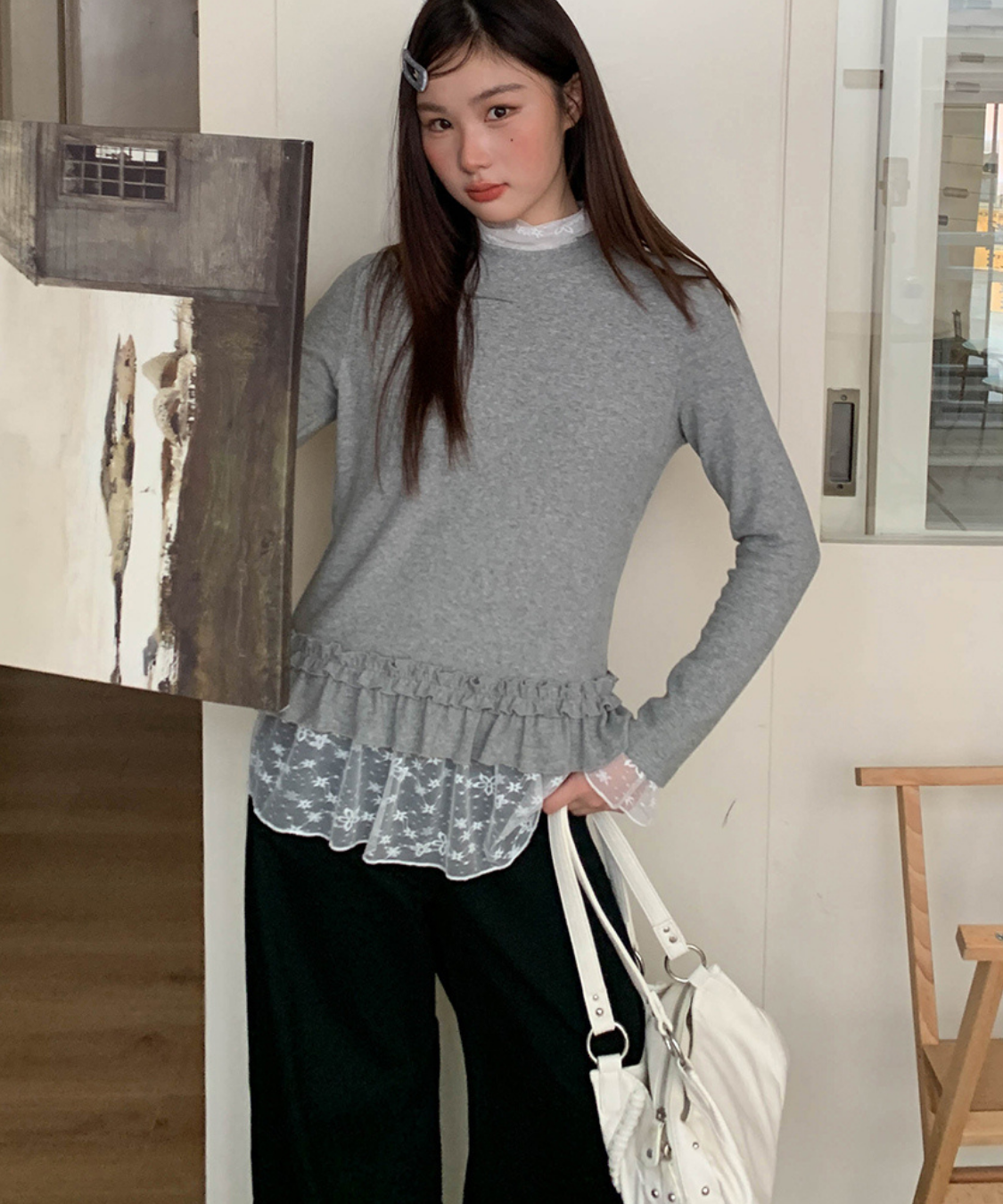 裾フリルニット＋レースハイネックインナー 2点セット