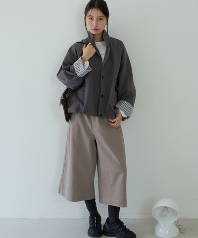 スタンドカラーカフスチェック柄ドローストリングジャケット