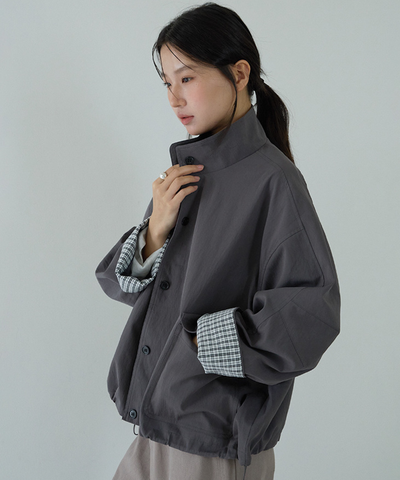 スタンドカラーカフスチェック柄ドローストリングジャケット