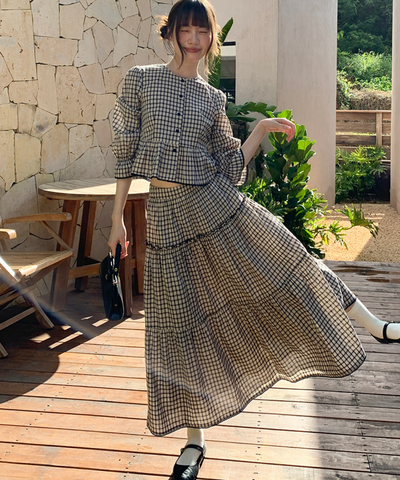 チェック柄ペプラムブラウス＋ティアードスカート 2点セット