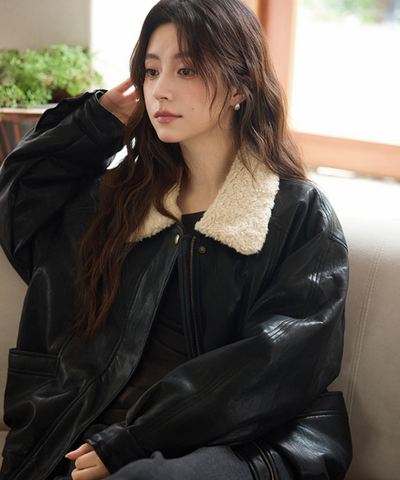ボア襟フェイクレザーブルゾン