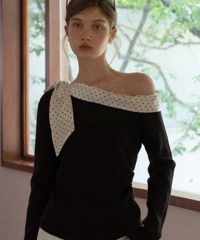 ドット柄ワンショルダーリボン付きトップス