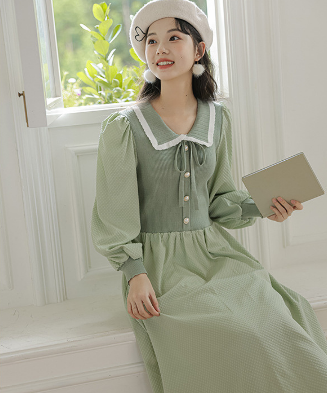 配色リブカラーバルーンスリーブフレアワンピース