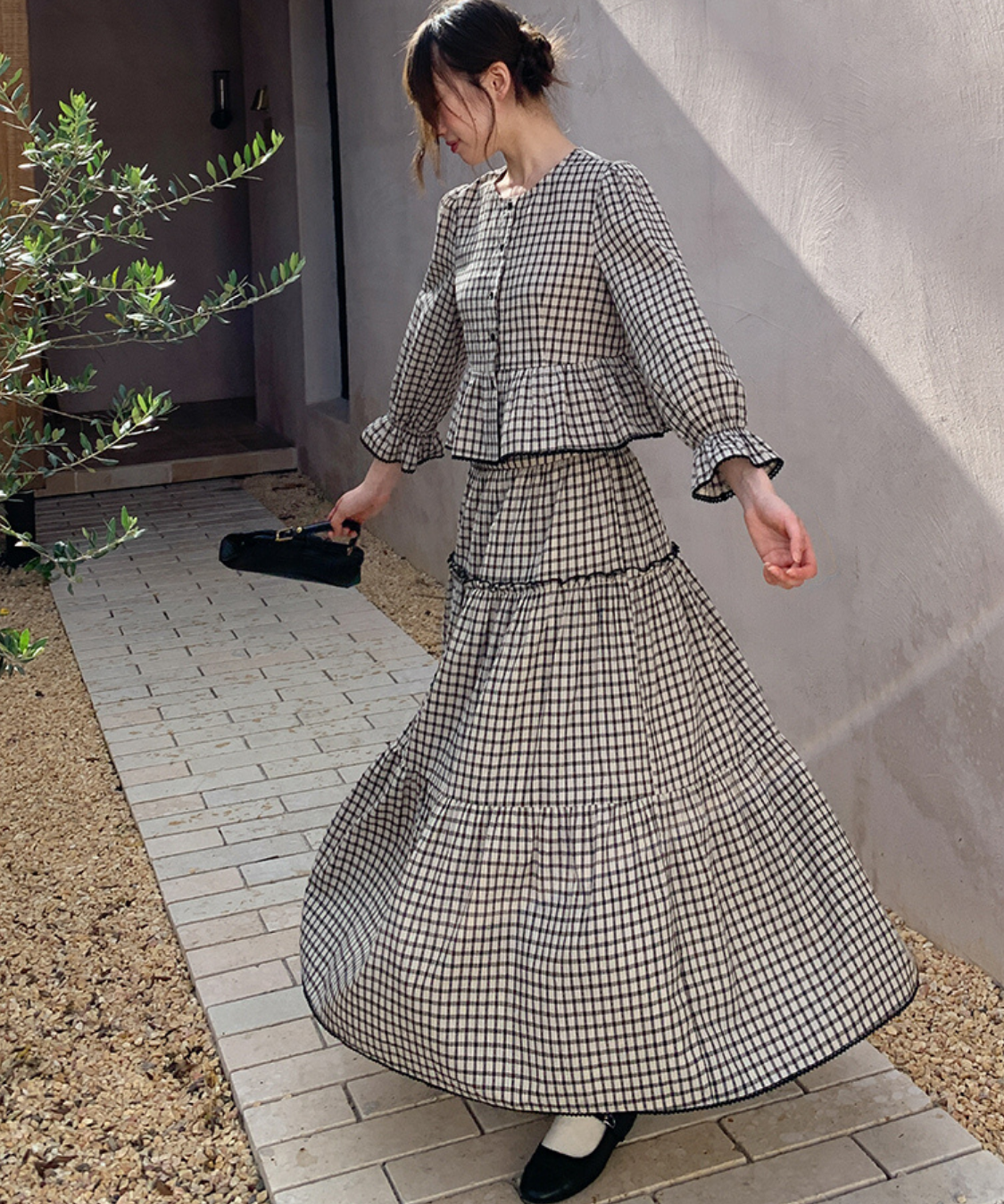 チェック柄ペプラムブラウス＋ティアードスカート 2点セット