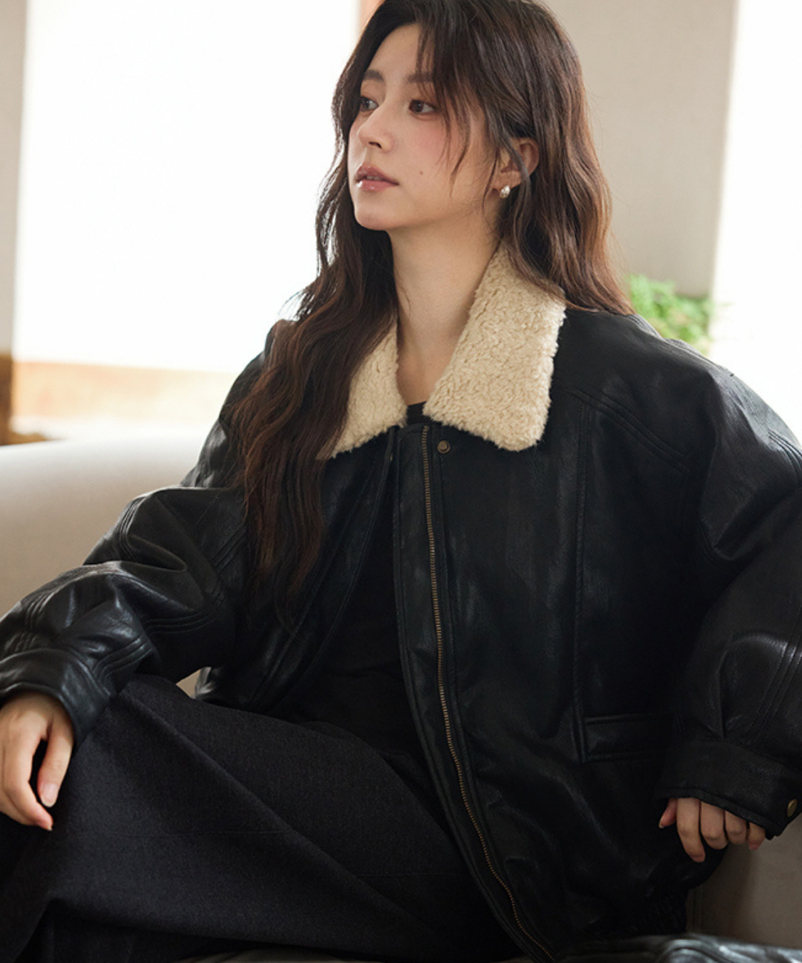 ボア襟フェイクレザーブルゾン
