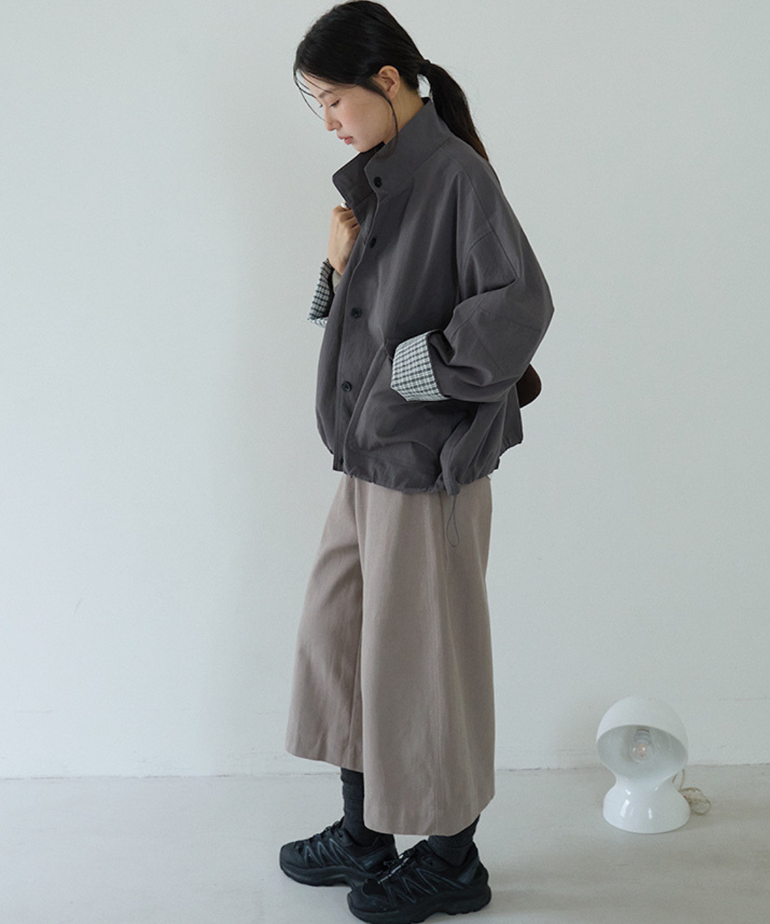 スタンドカラーカフスチェック柄ドローストリングジャケット